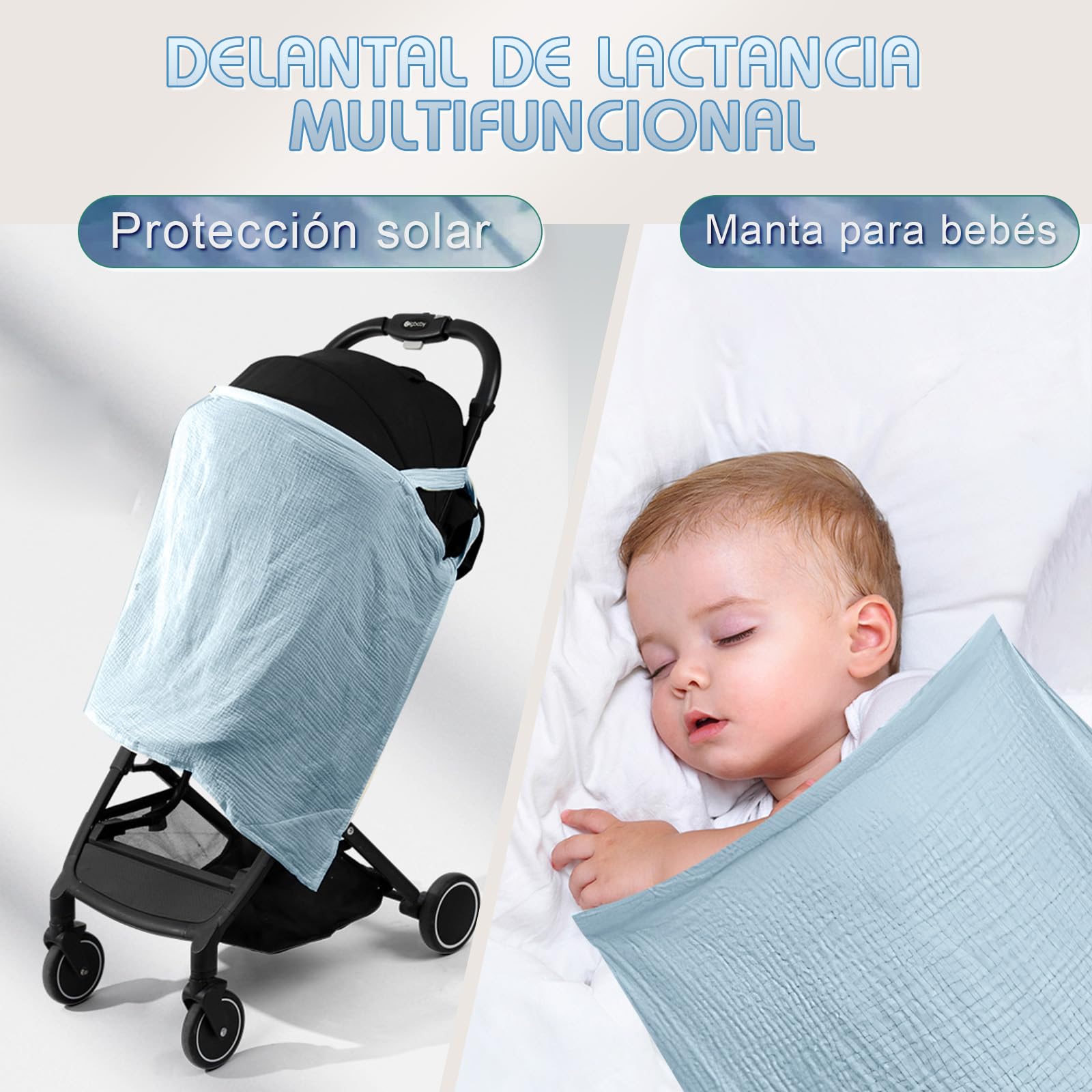 VEGCOO Manta Lactancia para Bebé, Mantas de Lactancia, Delantal Lactancia Bebe y Toalla de Saliva, Caché Lactancia Bufanda para Mamás, Algodón Suave Transpirable Ajustable (azul)