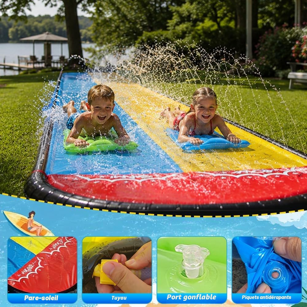 Double toboggan à l'eau jardin, toboggan à l'eau enfants en plein air avec 2 carrosseries, toboggan à l'eau gazon avec arroseur intégré, jouet d'été avec arroseur intégré pour jardin (480 * 140cm)