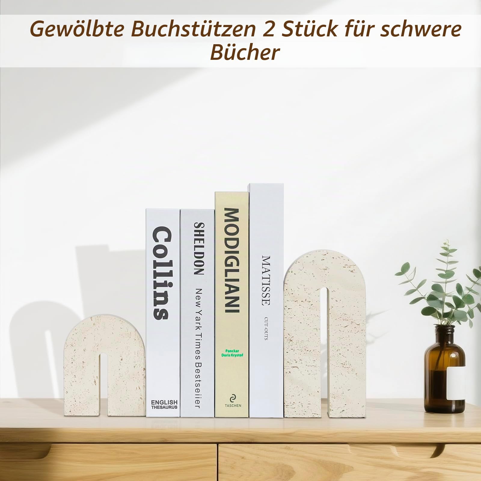 BOHDK Buchstützen für Regale, Harz-Dekorative Buchstützen, Retro-Bogen-Bücherhalter für schwere Bücher, Imitat-Travertin-Buchstopper für Wohndekor, Studium, Bücherregal, Desktop, 2er-Set