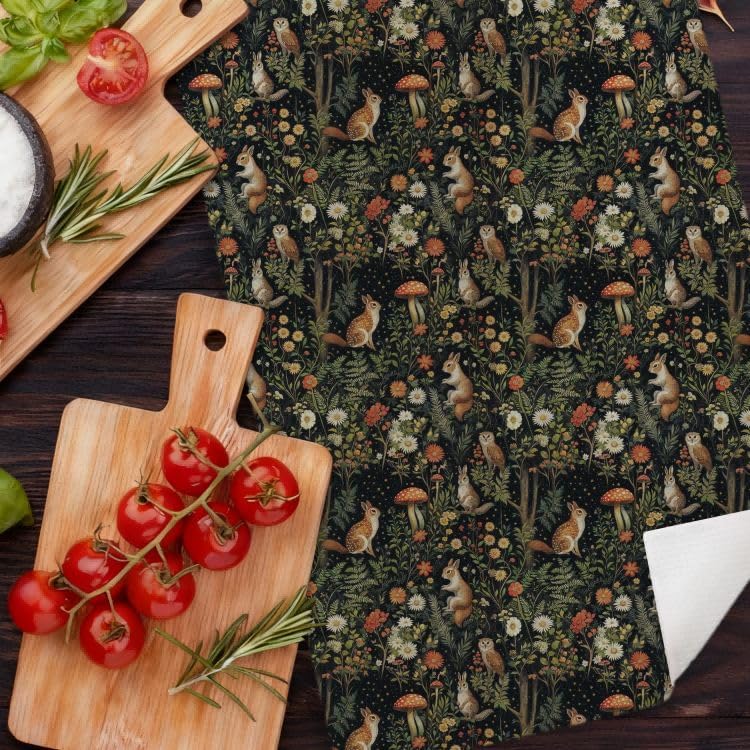 Dark Cottagecore Whimsical Forest Kitchen Dish Towels, Fairy Forest Floral Mushroom Bunny Owl Squirrel Decorative Hand Tea Towels for Bathroom Kitchen, 16x24 Inches - Image 6