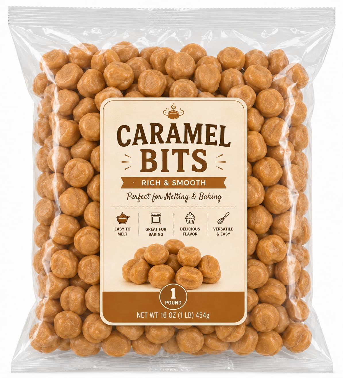 Caramel Baking Bits Unwrapped Candy for Melting & Topping - 25 lb (Approx. 16750 pieces)