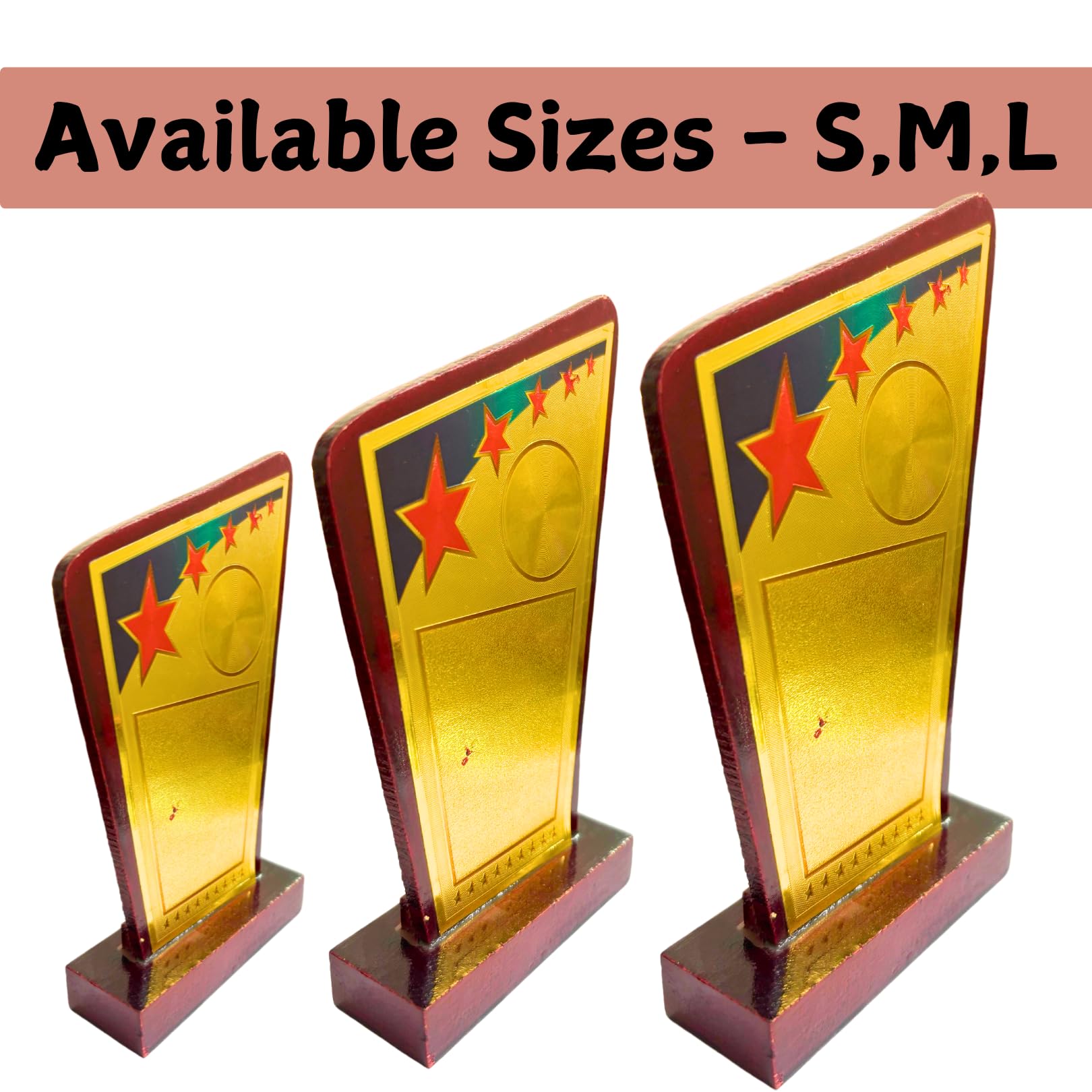 Decorative Art Deco Trophy Award Plaque, Gold and Burgundy with Stars, Wooden Base, Logo Printing, Writings & Customisation Available (Set of 10, Large (6.5 inches)) 3