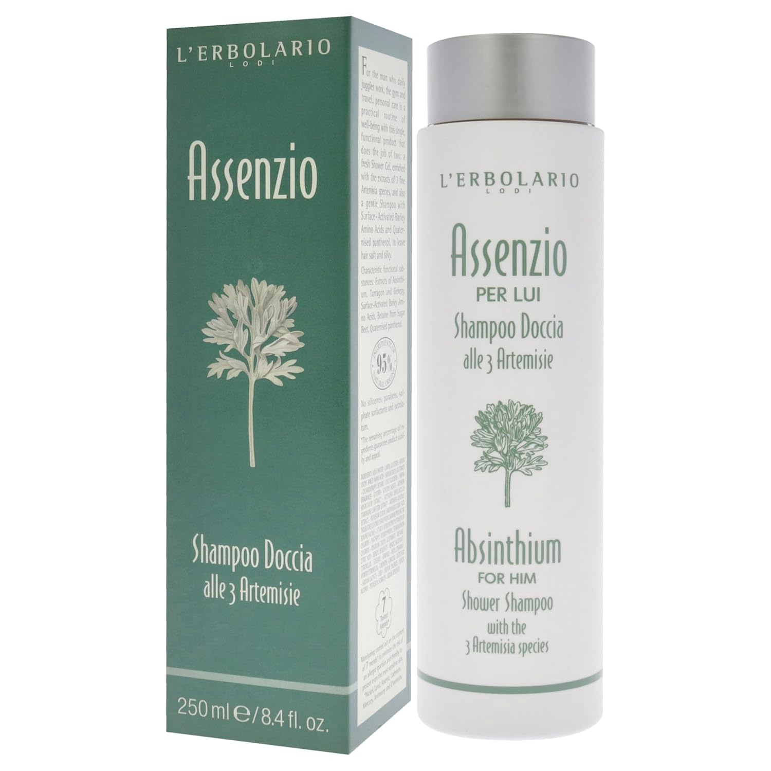 L'Erbolario Absinthium Shower Shampoo - For The Busy Modern Man - Leaves Hair Soft And Silky - Natural Origin Ingredients - No Parabens, Silcones Or Sulfate Surfactants - 8.4 Oz