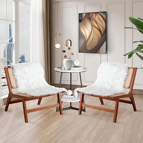 Miniatura 7 de NIOIIKIT Silla decorativa moderna de mediados de siglo con marco de madera, sillas de piel sintética tejida a mano con alfombra de lana blanca,