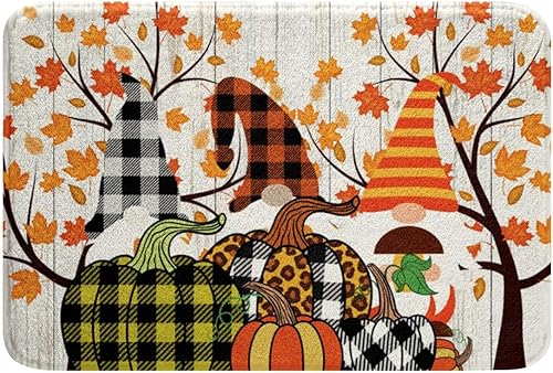 Fall Gnomes Bath Mat for, Leopard Plaid Pumpkin Bath Carpets, Autumn Maple Leaves Rugs, Non Slip Plush, 32x20In