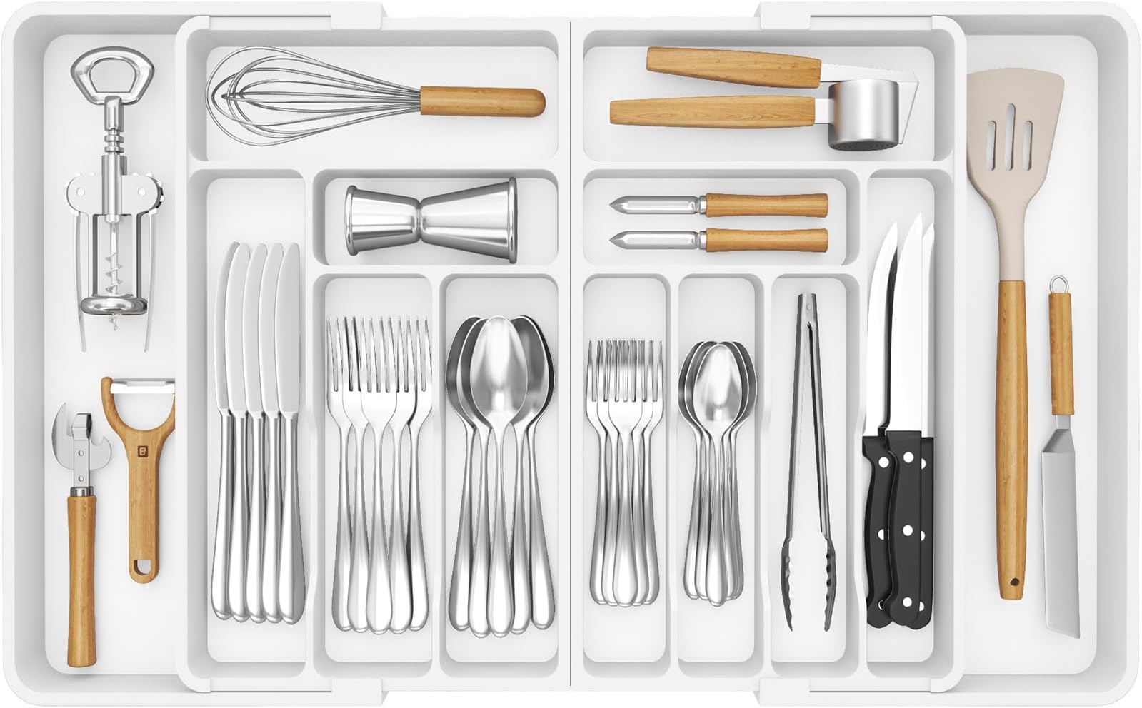 LifewitExtra Large Cutlery Drawer Organiser, Expandable to 36 Inches Utensil Tray for Kitchen, Adjustable Silverware and Flatware Holder, Compact Plastic Storage for Spoons Forks Knives, WhiteRecycled Claim Standard 100
