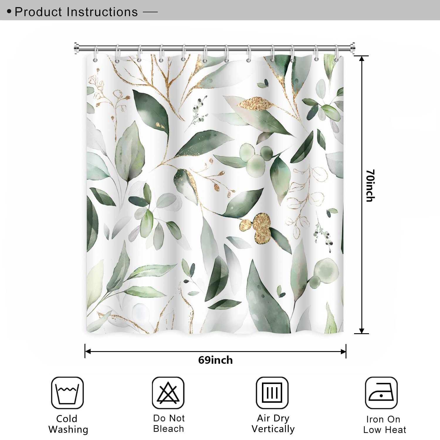 Cortinas de Ducha abstractas de Hojas de eucalipto, Verde Salvia, Hojas Doradas, Naturaleza para baño, Estilo Granja, decoración del hogar, Cortina de Ducha de Tela de poliéster Impermeable con
