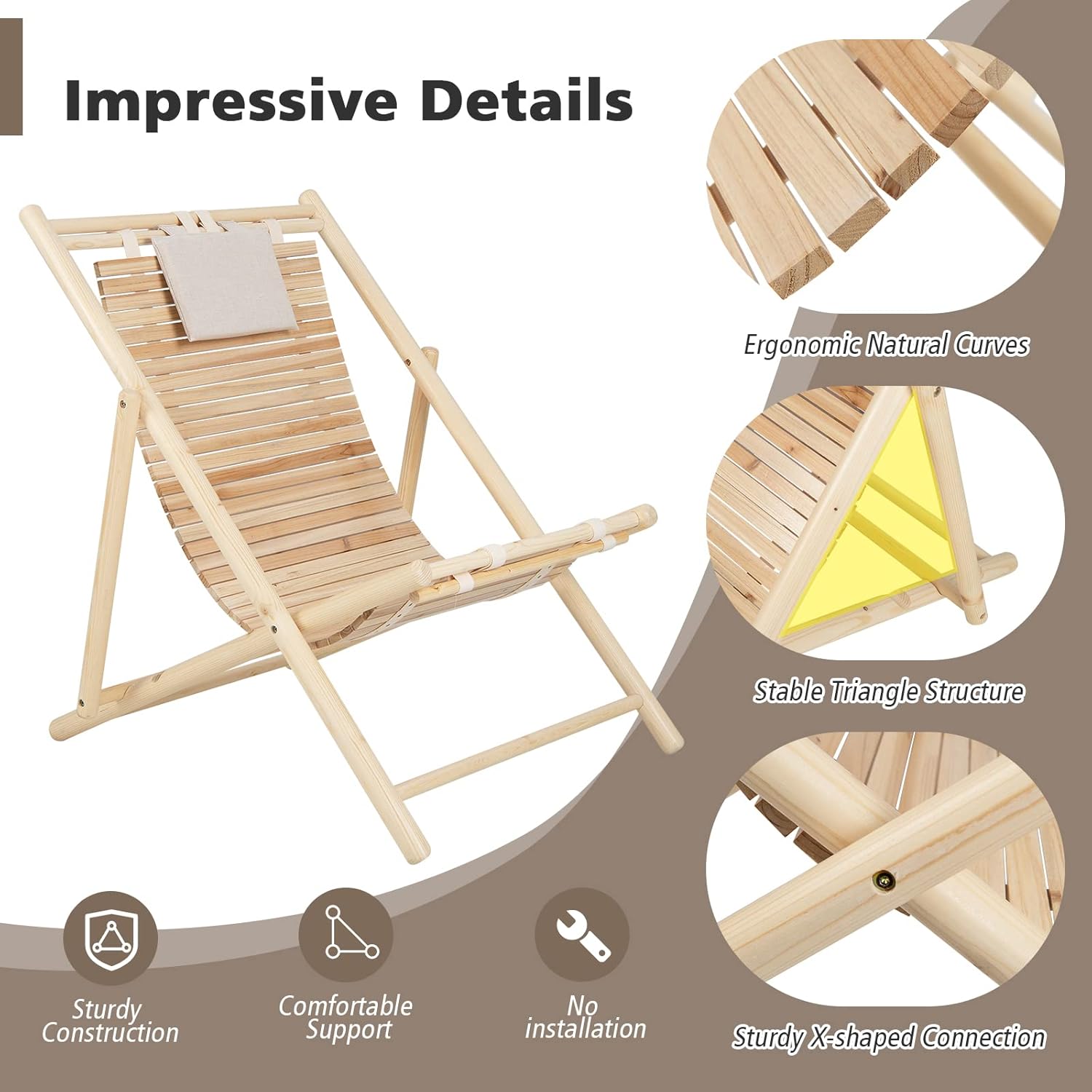 Tangkula Set of 2 Wood Sling Chair Outdoor, Patio Deck Chair with Detachable Headrest & 3-Level Adjustable Backrest, Solid Fir Wood Frame, Portable Folding Beach Lounge Chair for Porch, Poolside