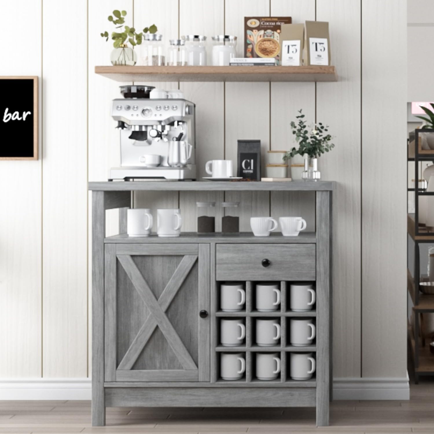 Farmhouse Coffee Bar Cabinet, 32'' Modern Kitchen Buffet Cabinet with Drawer, Coffee Station with Barn Door, 9 Wine Racks, Small Bar Cabinet with Shelf for Dining Room, Wash Gray