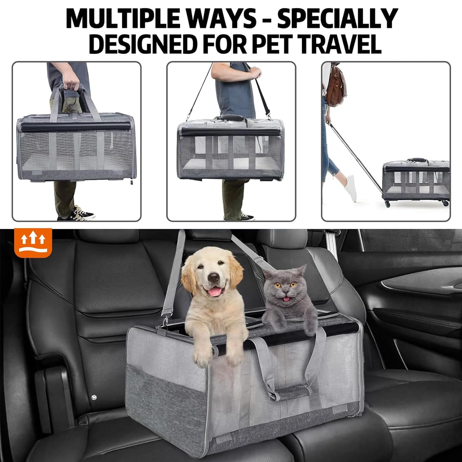 Transportín De Mascotas De Doble Compartimento con Ruedas Desmontables para Gato/Perro, Transportador Rodante para 2 Gatos Pequeños,Perros, Diseño Súper Ventilado,Caqui