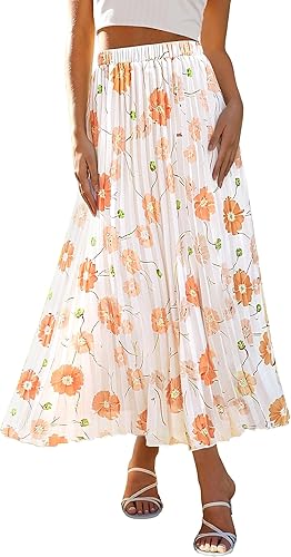 ANRABESS Womens Pleated Maxi Skirts Summer Floral Chiffon Dressy Casual Flowy Skirt with Full Lined Beach Vacation Clothes Beige Orange Flower X-Large