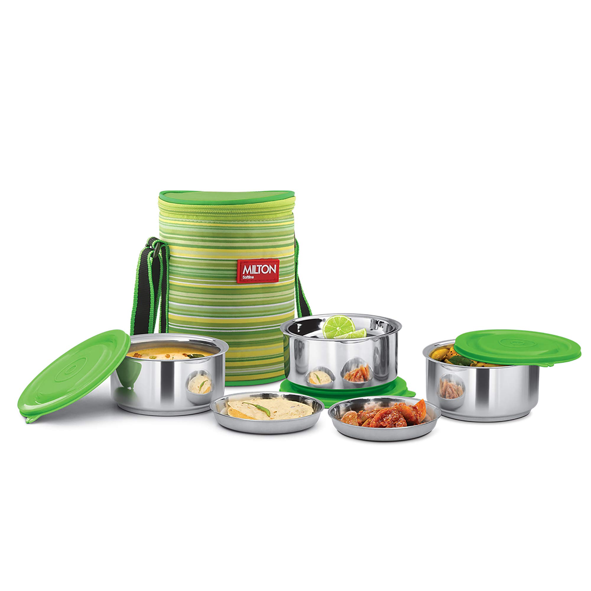 MILTON Ribbon 3 Stainless Steel Lunch Box, Set of 3, (350 ml Each), With Jacket, Green | Leak Proof | Easy to Carry | Doubled Walled | PU Insulated | Food Grade | Odour Proof | (B07X6T5MW8) Amazon Price History, Amazon Price Tracker