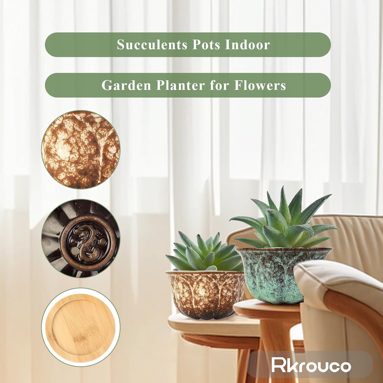 Ceramic Plants Pots 3 Inch Set of 4 Flower Pots with Drainage and Bamboo Tray for Indoor/Outdoor Small House Plants,Foliage Plant