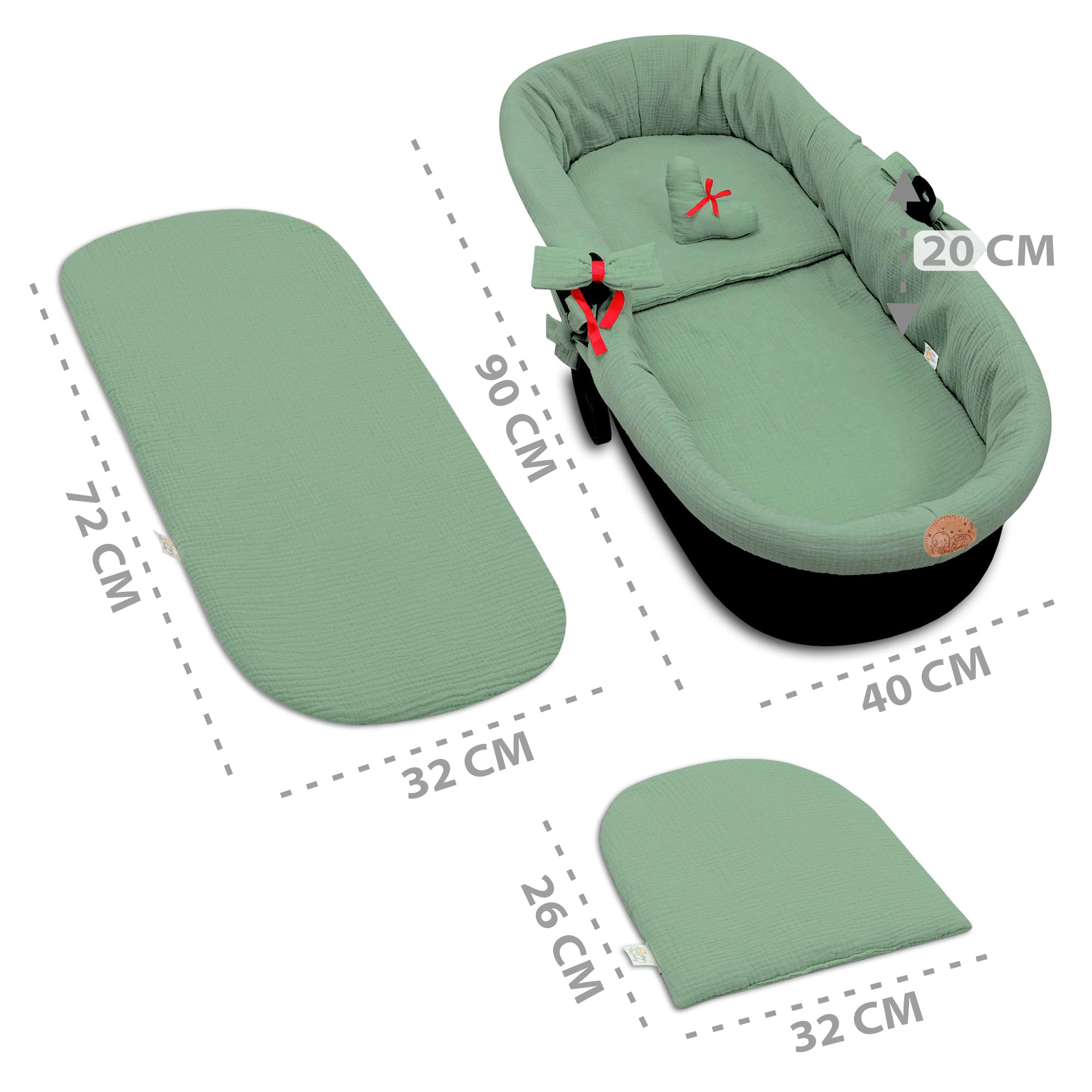 Accessori per passeggino carrozzina mussola neonato Inserto navicella - set 3 pezzi con nido cuscino e materassino cotone morbido inserto Verde