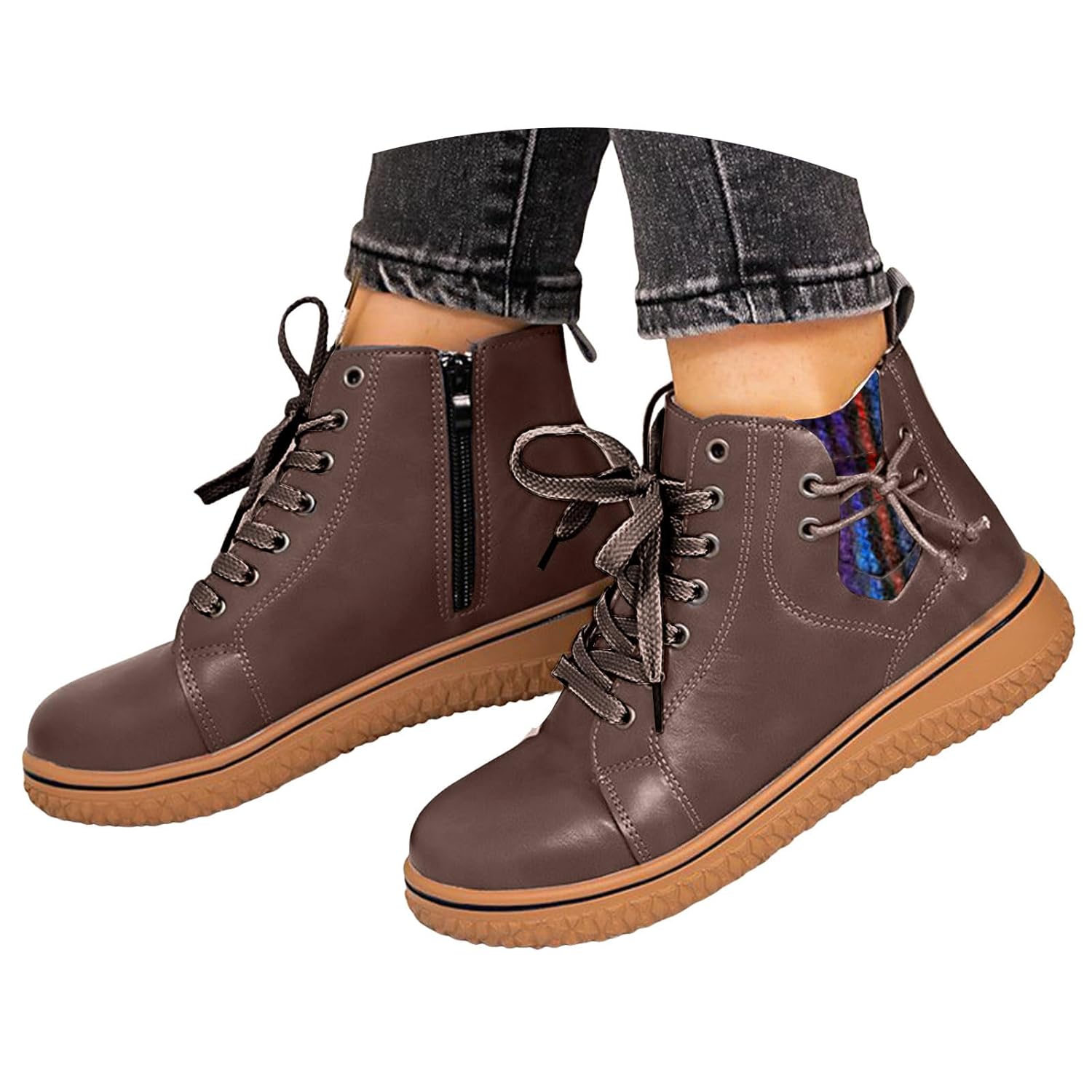 Womens Leather Lace Up Side Zipper High-Top Ankle Boots Retro Round Toe Platform Fashion Combat Booties Womens Casual