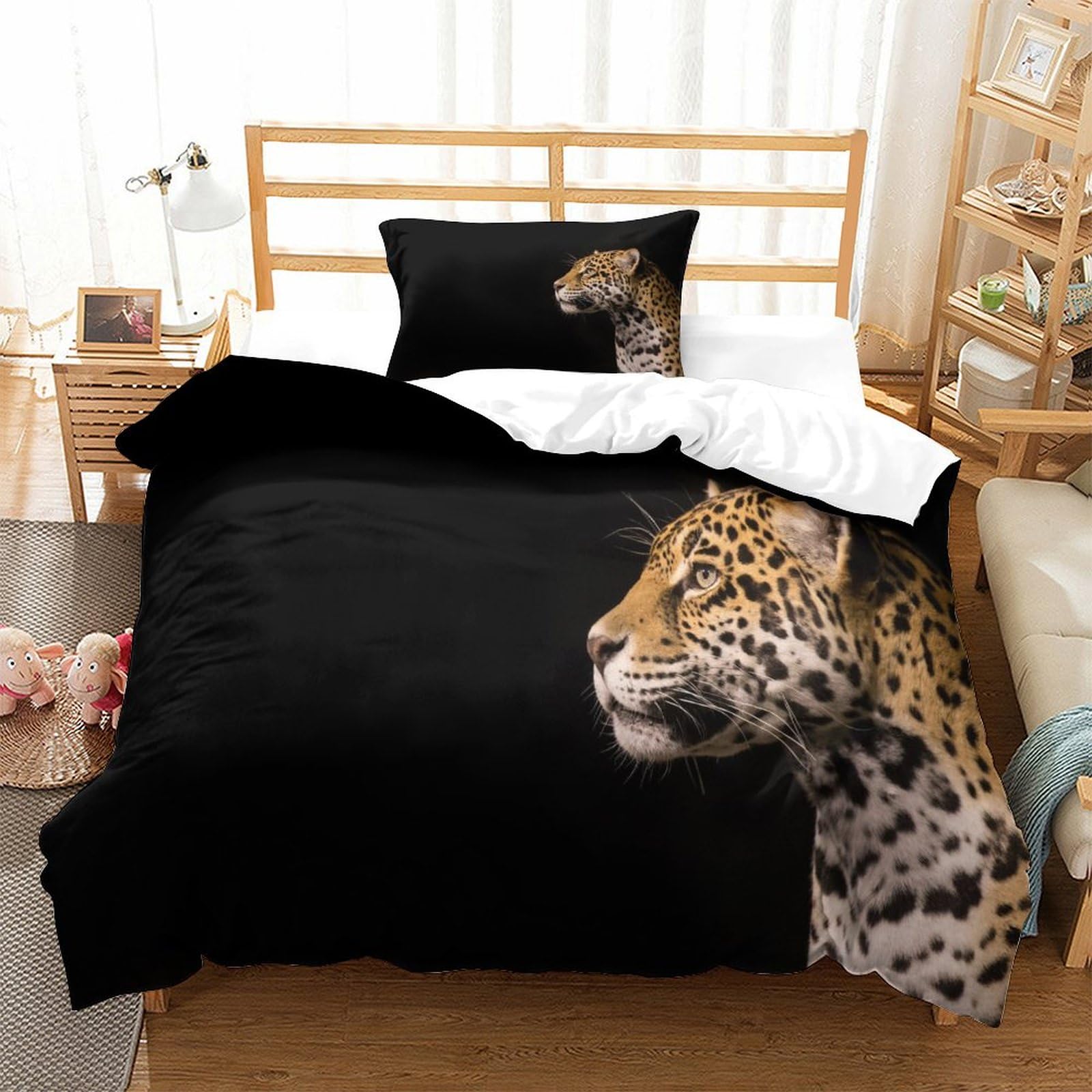 P1s9u7w5y Jaguar-1 Realistic Leopard 3D Printed Black Microfiber Duvet Cover Set 3Pcs Leopard Bedding Set Single（135X200cm）