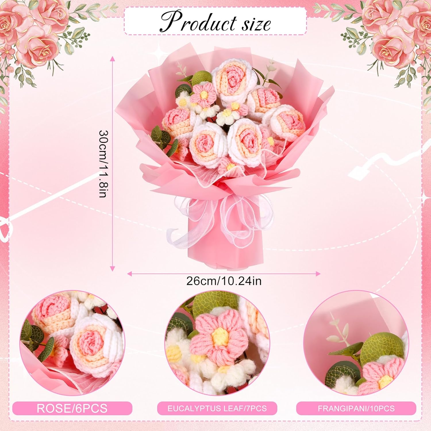 VAIPI Crochet Flower Bouquet Pink Knitted Rose Flowers Bouquets Birthday Gifts for Women Handmade Woven Flower Forever Roses Gift for Lover Wife Grandma Friends Anniversary Graduation Gift for Her Him