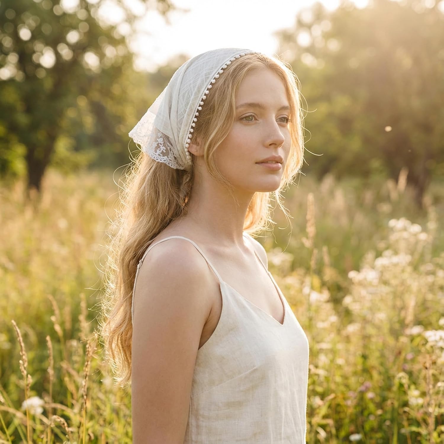 Hair Scarf Headband for Women, White Floral Lace | Non-Slip, Soft Head Coverings, Vintage Stylish, Boho Triangle Bandana