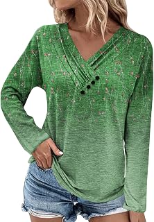 Casual Autumn Tee for Women Long Sleeved Elastic Pullover Business Plus Size V Neck Buttons Fit Polyester Printed T Shirts Womans