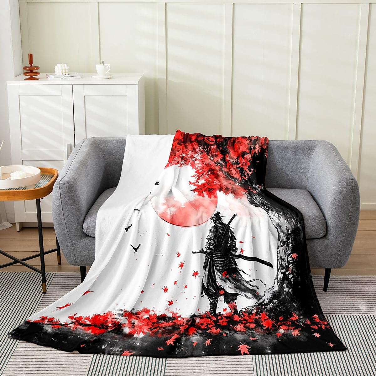 Japanese Samurai Flannel Fleece Blanket,Sunset Bird Bedding Set Super Soft for Kids Teens,Maple Leaf Tree Decor Flannel Blanket,40"x50"
