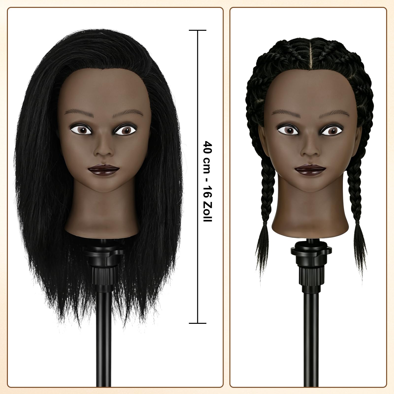 TwoWin 16 Zoll /40 cm Afro Trainingsköpfe für Friseure, Frisierkopf mit 100% Echthaar, Übungskopf Afrikanischer Friseurkopf Puppenkopf mit Tischhalter + Haar Styling Braid Set (Schwarz)