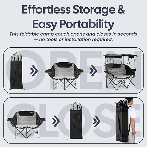 Miniatura 3 de Silla de camping doble con toldo, asiento plegable para dos personas, sofá biplaza portátil al aire libre con sombra, silla plegable para playa,