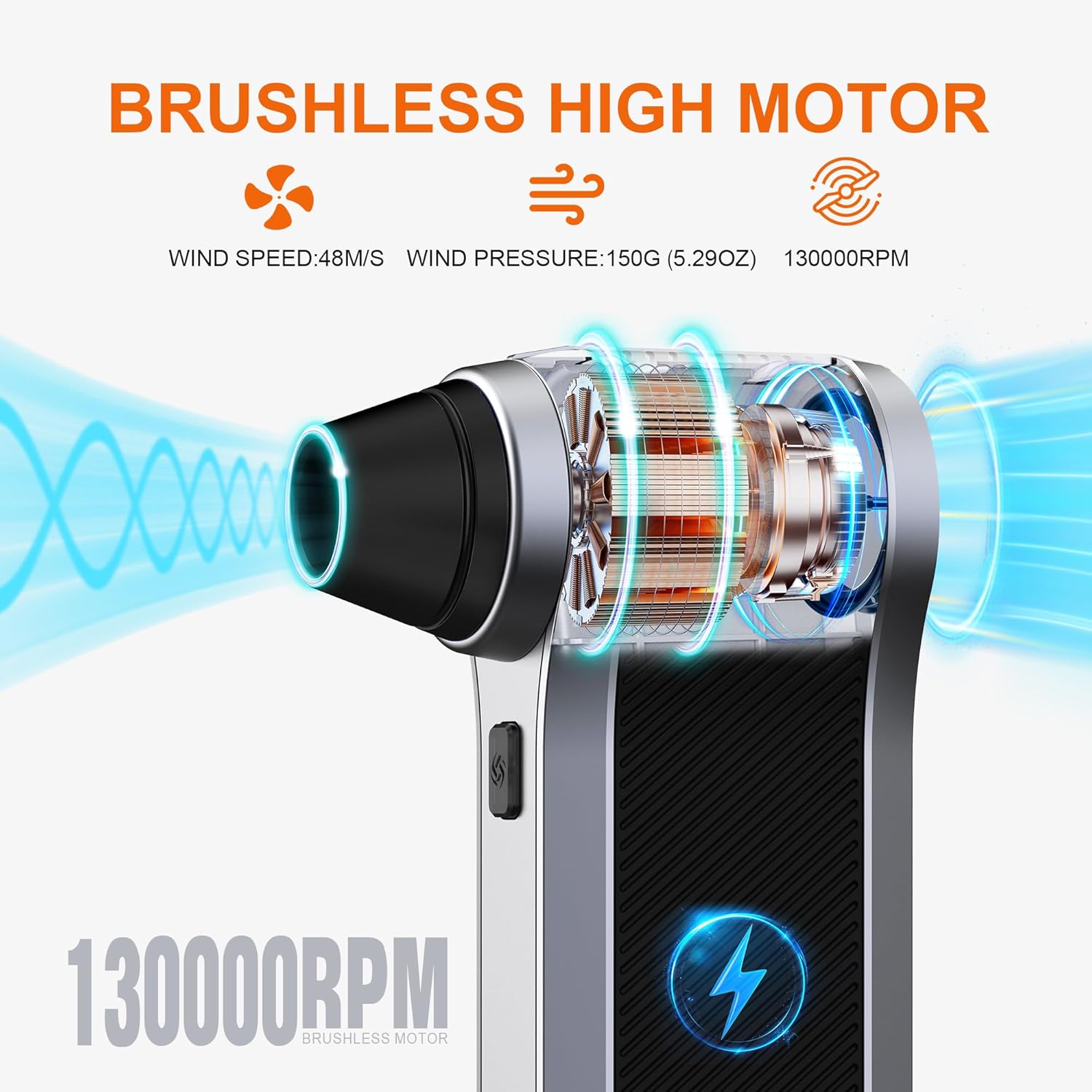 Electric Air Duster-130000RPM Compressed Air Duster with Brushless Motor,3-Gear Speeds - Snow Blower, 4pcs Nozzles - Air Duster for Keyboard,Car,PC,Home,Outdoor,Snow and Leaves Cleaning - Image 2