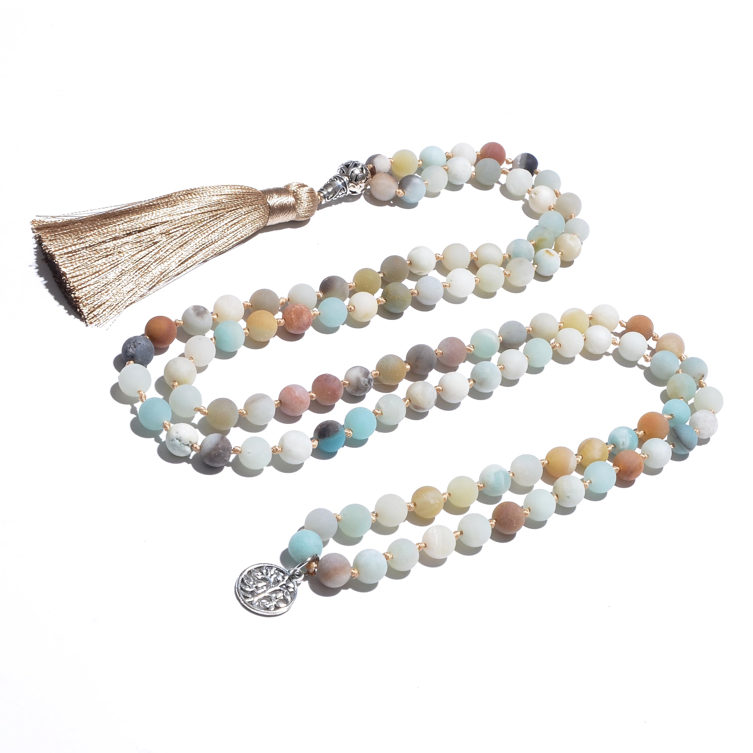Hovaete 108 Mala Prayer Beads Necklace Natural Stones Meditation Yoga Jewery 108 Hand Knotted Japa Mala Beaded Long Tassel Necklace with Tree of Life Pendant for Men and Women