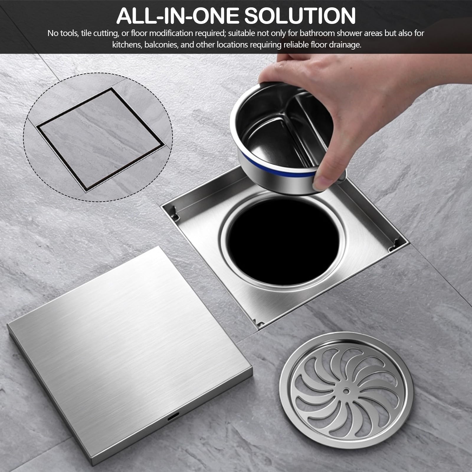 Scarico Doccia a Pavimento Quadrato, 15 x 15 cm Piletta Doccia Invisibile in Acciaio Inox, Canale di Scarico con Filtro per Capelli e Valvola Antiodori, per Bagno Cucina Cantina e Garage