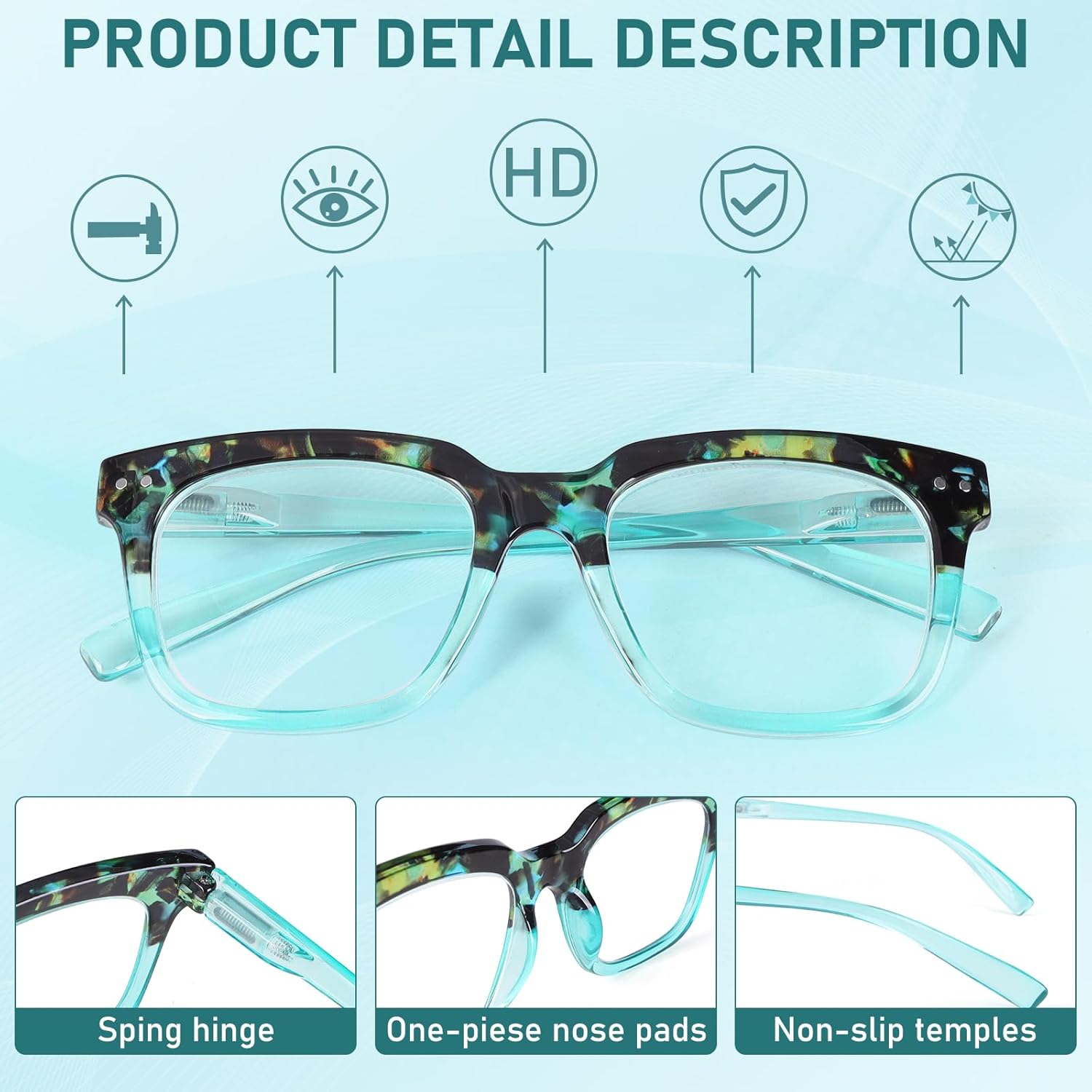 Progressive Multifocus Reading Glasses for Women Men Blue Light Blocking Spring Hinge Square Computer Readers - Image 7