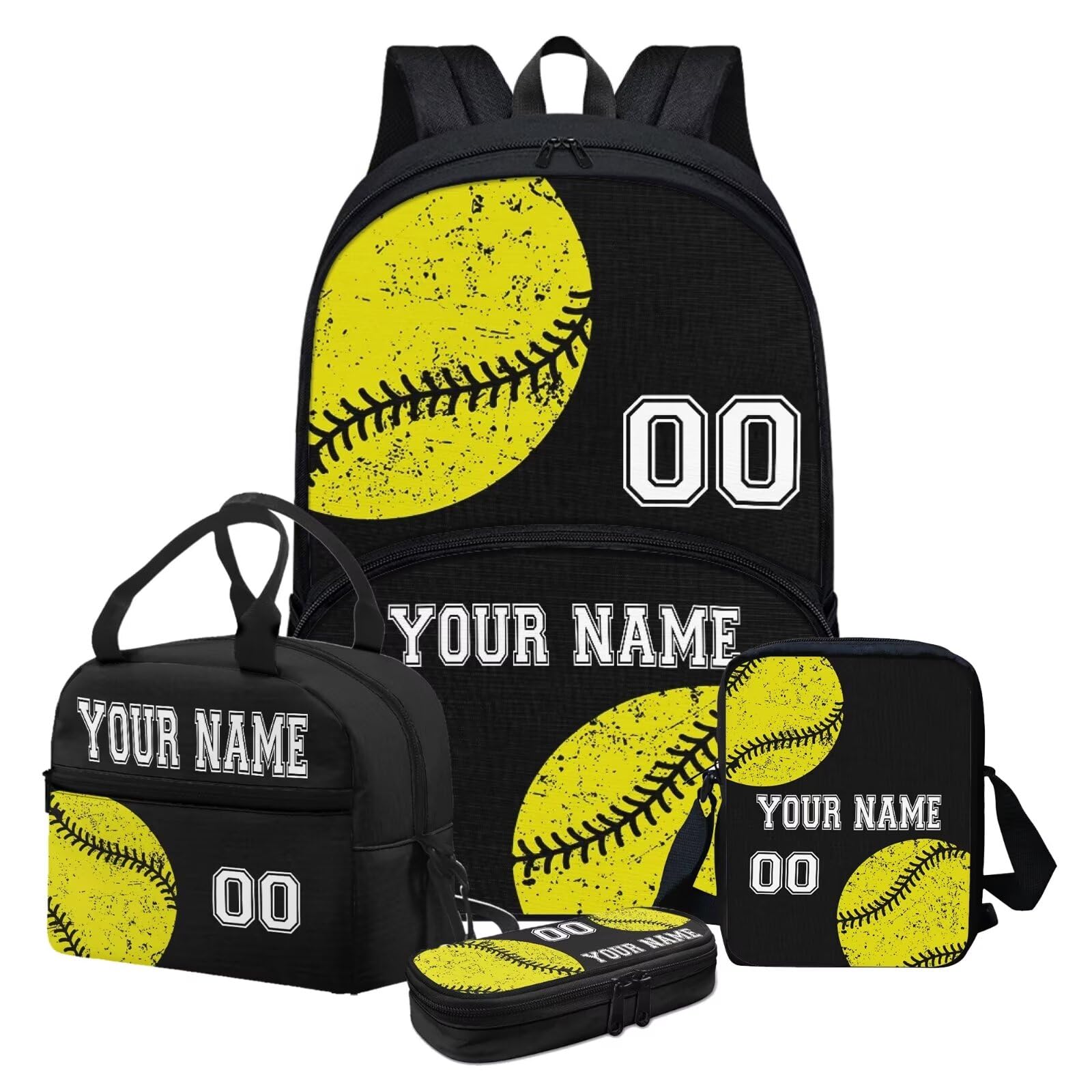 Howilath Balck Softball Sport Pattern Girls Personalized Customized Name Backpack with Insulated Lunch Bag Pencil Case, Kids Back to School Bookbag