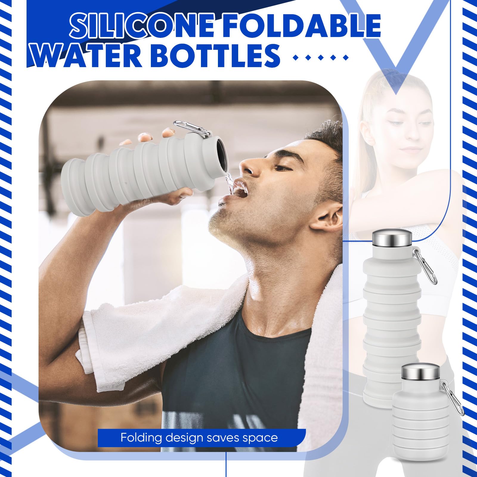 Baderke 1 botella de agua plegable de 17 onzas para viajes, botella de agua de silicona plegable reutilizable con hebilla portátil de silicona para camping, senderismo, deportes (gris blanco)