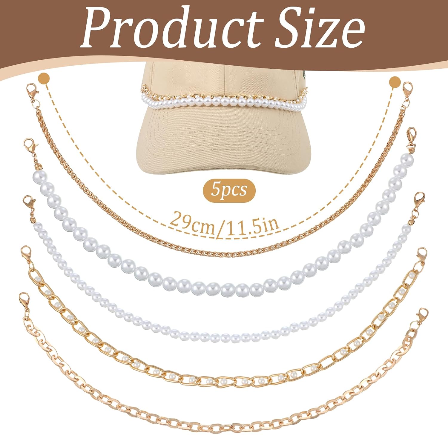 5 PCS Hat Chains for Women Trucker Hat, Gold Pearl Metal Trucker Hat Chains