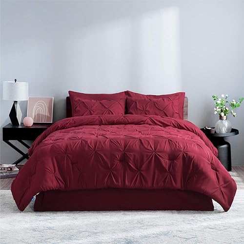 Bedsure Red Twin Comforter Set - 6 Pieces Pintuck Twin Bed in A Bag, Pinch Pleat Red Twin Bedding Sets with Comforters, Sheets, Pillowcases & Shams