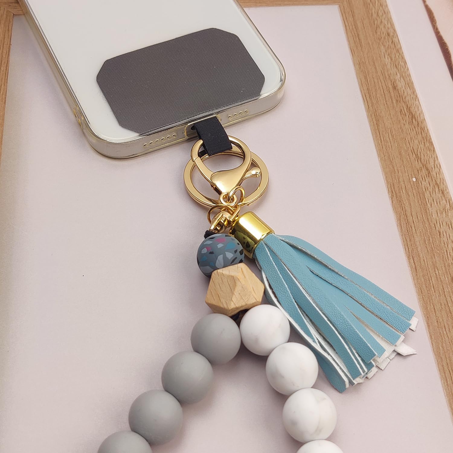 Phone Lanyard Silicone Beaded Phone Wrist Strap Cute Elastic Cell Phone Wristlet Chain Bracelet with 2 Tether Tab - Image 4