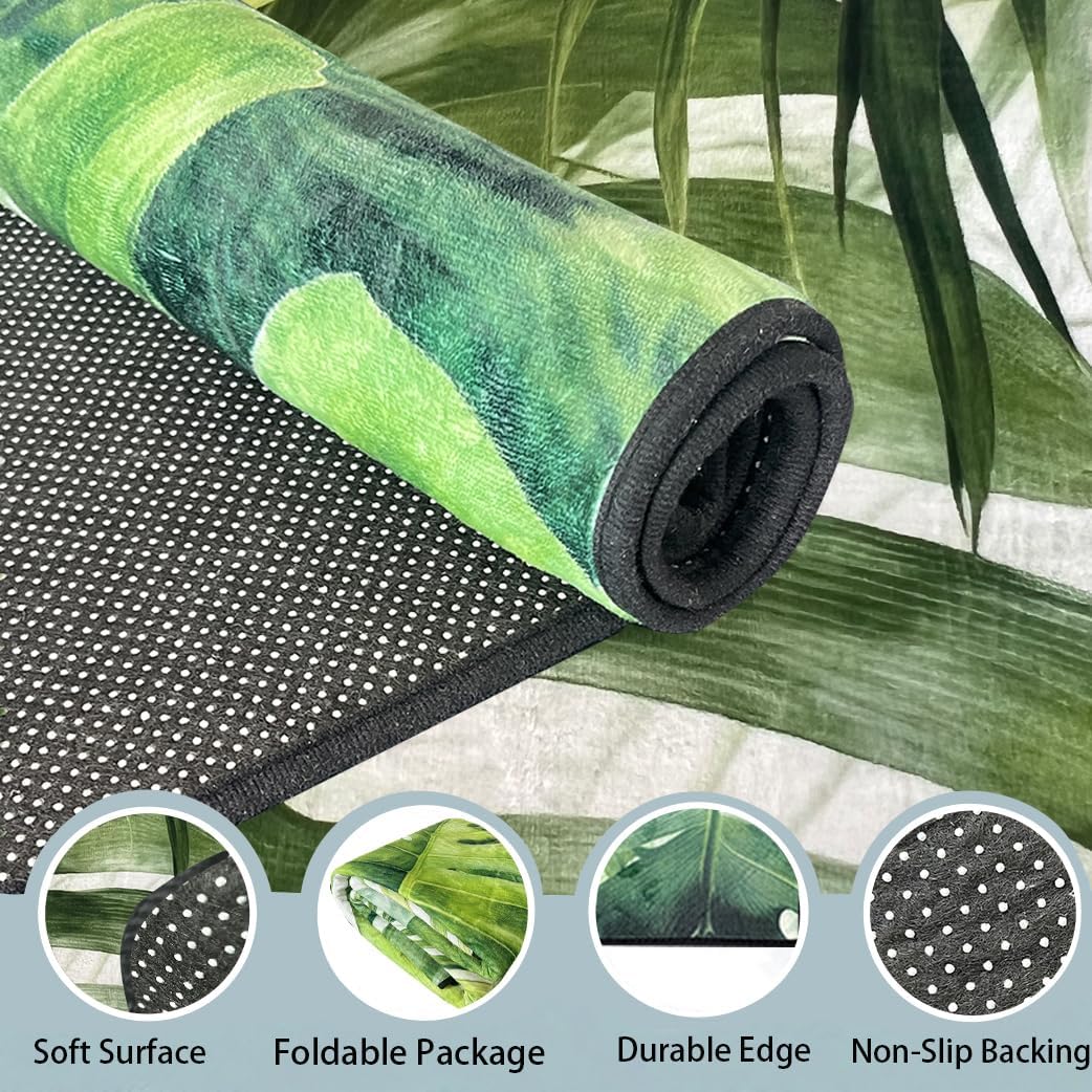 Kitchen Rug Sets of 2 Piece Washable Low Pile Set Mat for Entryway Non Slip Geen Leaf Pattern Area Rug Sets for Indoor Living Rooms Kitchens