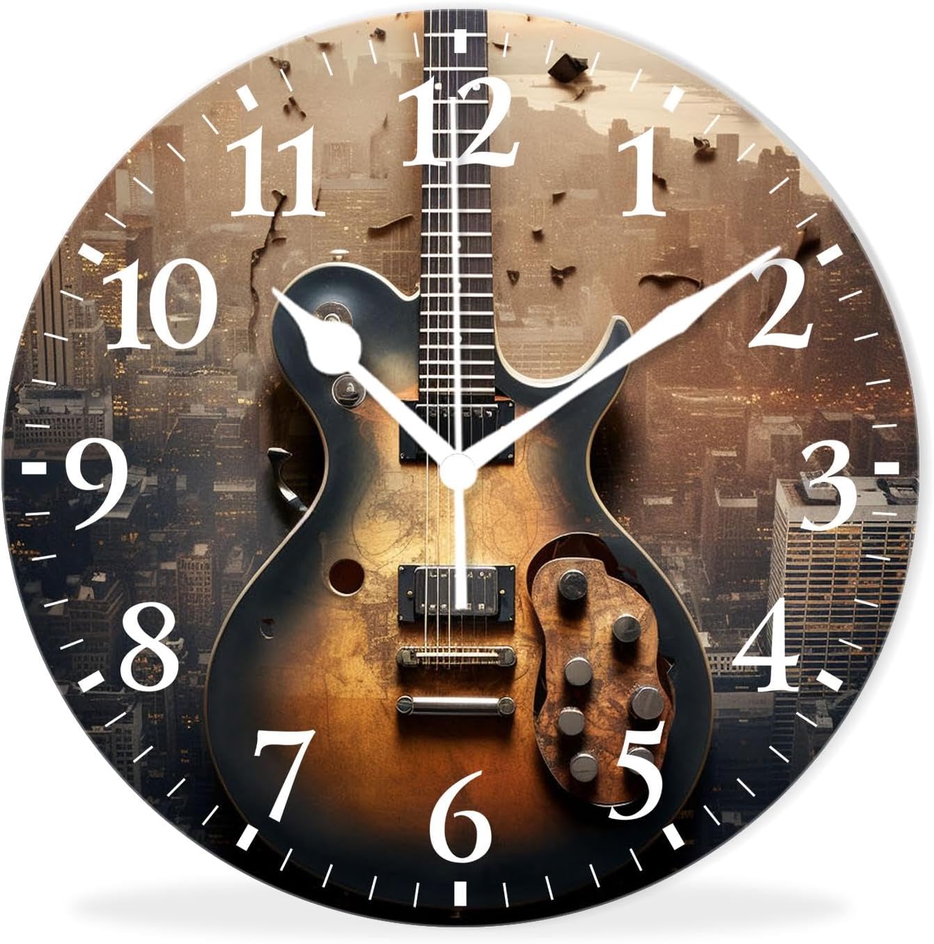 Battery Operated Analog Wall Clocks Non-Ticking Quiet Clock Decorative for Bedroom,Office,Bathroom-Electric Music Guitar Cityscape Style(16inch)
