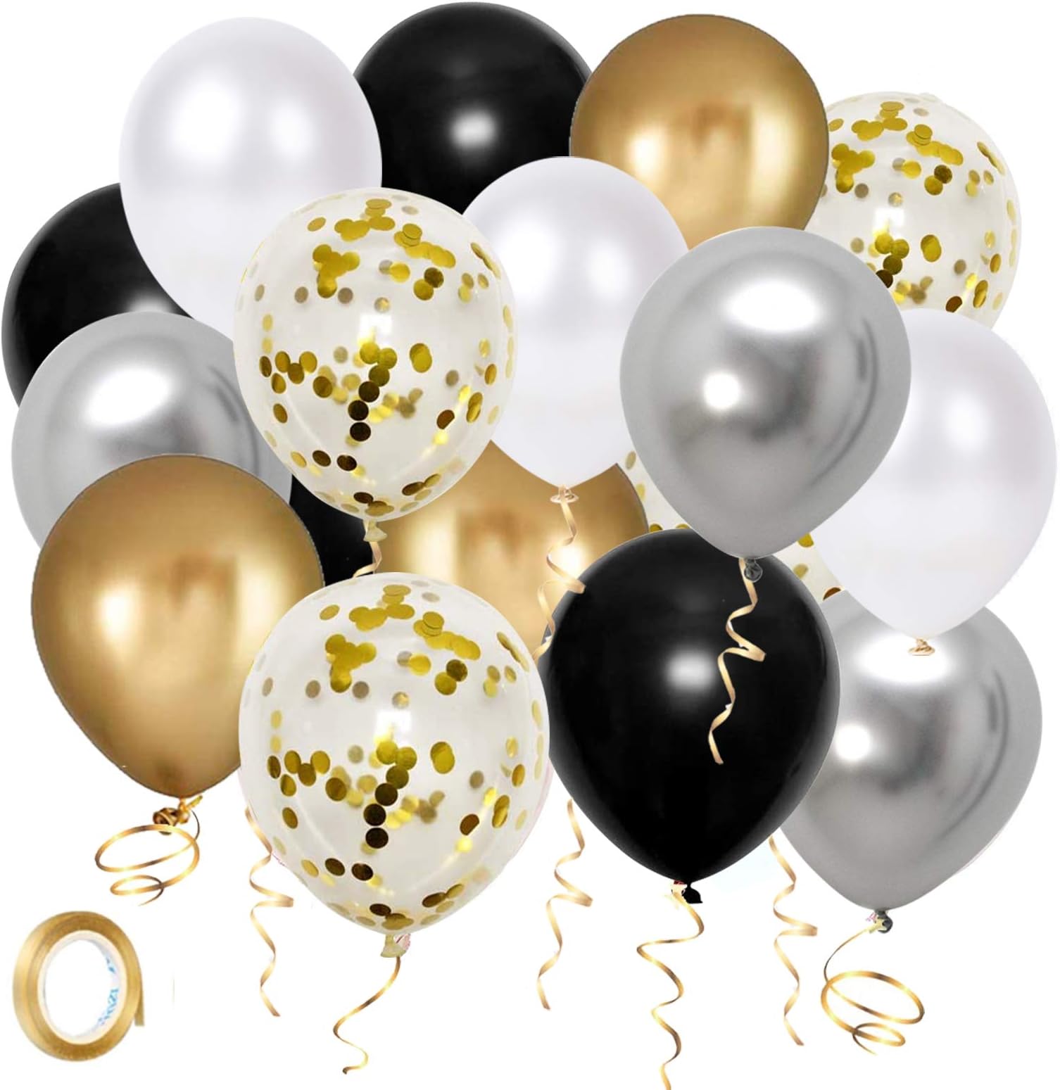 Thomtery Black Gold Silver party Balloons, 50pcs 12 Inch Metallic Thicker Latex Confetti Balloons with Ribbon for Wedding Birthday Baby Shower Decorations (BlackGoldSilver50pcs)