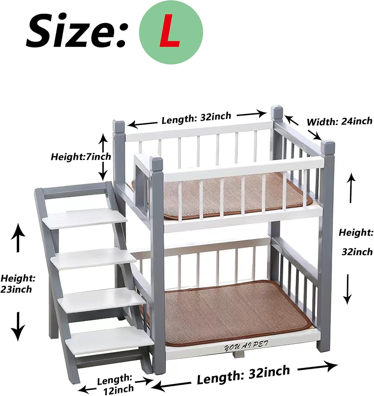 Etagenbett für kleine Hunde und mittelgroße Haustiere, doppellagiger Holzrahmen, Haustierbett mit erhöhter Sitzstange, für Hunde und Katzen, perfekt für kleine und mittelgroße Hunde, Grau, Größe L