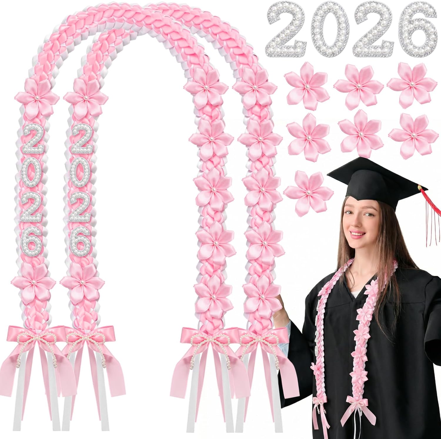 Suncalla 1/2 Pack Graduation Leis Class of 2026 Ivory Satin Ribbon Necklace with 11 Letters and Numbers Flower Butterfly Pin Pearl Bow Money Leis for College Senior Grad Gift(Pink,2 Pcs)