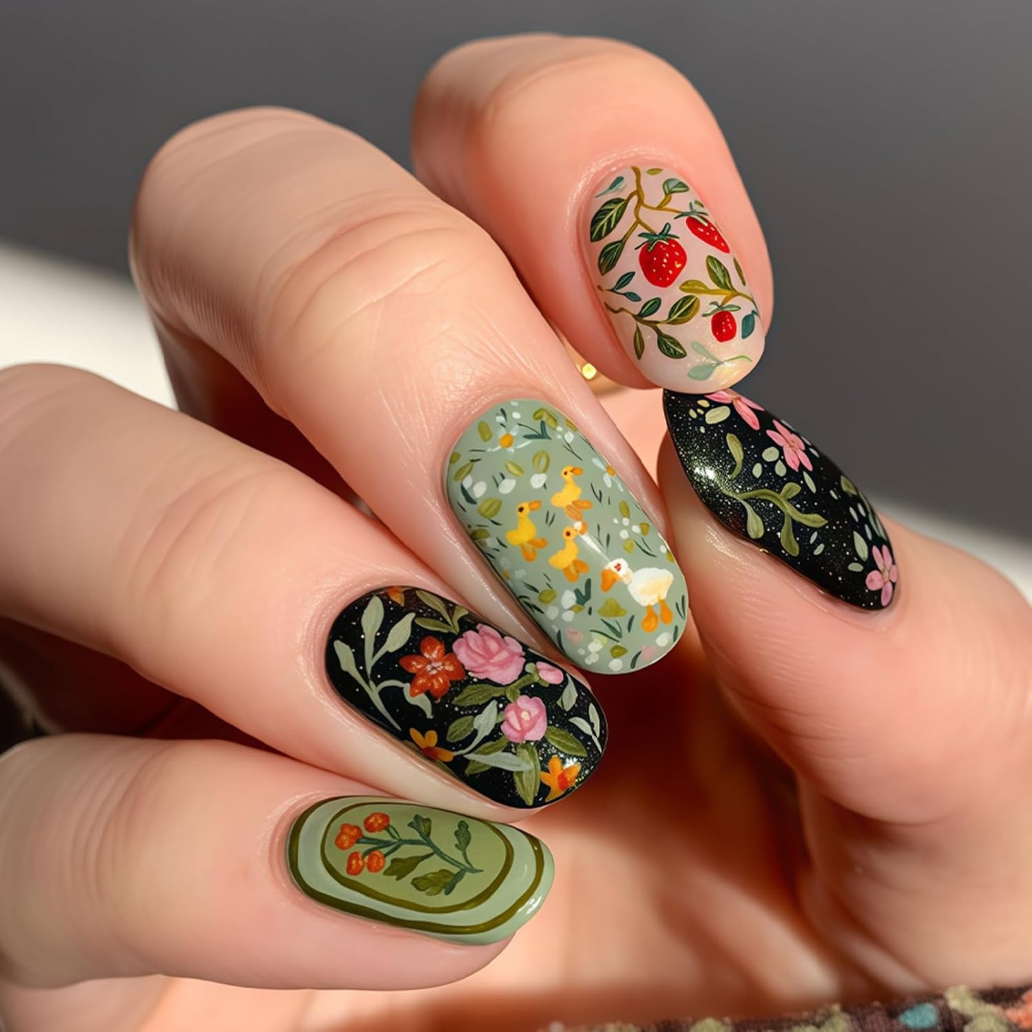Green Press on Nails Short Oval Fake Nails Spring Floral False Nail with Cute Mini Duck Berry Design Glossy Full Cover Artistic Painting Stick on Nail for Women Manicure 24Pcs