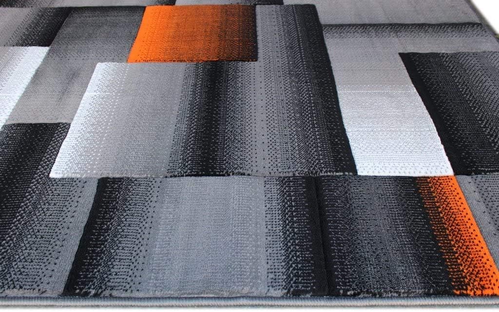 Modern Geometric Abstract Boxes Squares Orange Grey Black Carpet Bedroom Living Room Contemporary Dining Accent (5’ 3” X 7’ 5”)