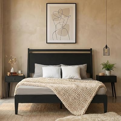 NTC Adept Wooden Bed Frame with Headboard, Solid Wood Foundation with Silent Slats and Wood Central Supports, 1000 Lb Capacity, Effortless Assembly, Multiple Sizes and Colors (Burnt Black, Queen)
