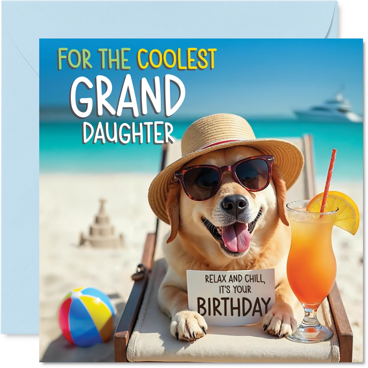 Granddaughter Birthday Card - Chill Beach Dog - Happy Birthday Card for Granddaughter from Grandad Grandma, 145mm Chill Beach Dog Bday Greeting Cards