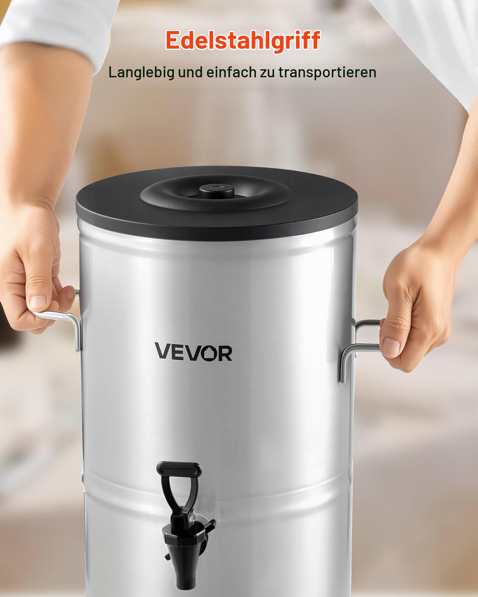 VEVOR Eisteespender Getränkespender aus 304 Edelstahl 15 L Getränkedispenser mit Zapfhahn & Griff, geeignet für heiße und kalte Getränke, für Eistee, Kaffee, Wasser in Cafés und Restaurants