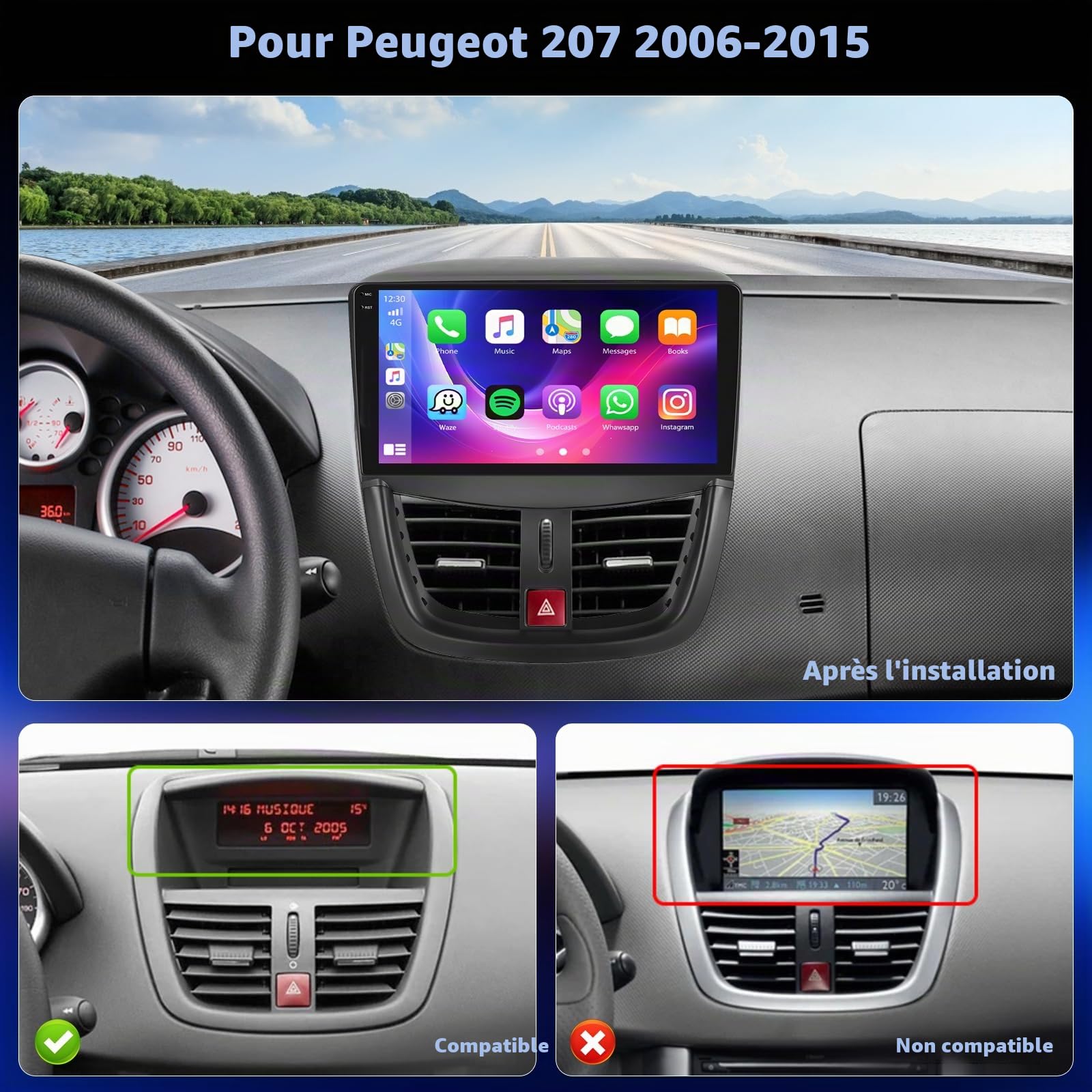 Hikity 4+64G 9" Autoradio Android pour Peugeot 207 2006-2015