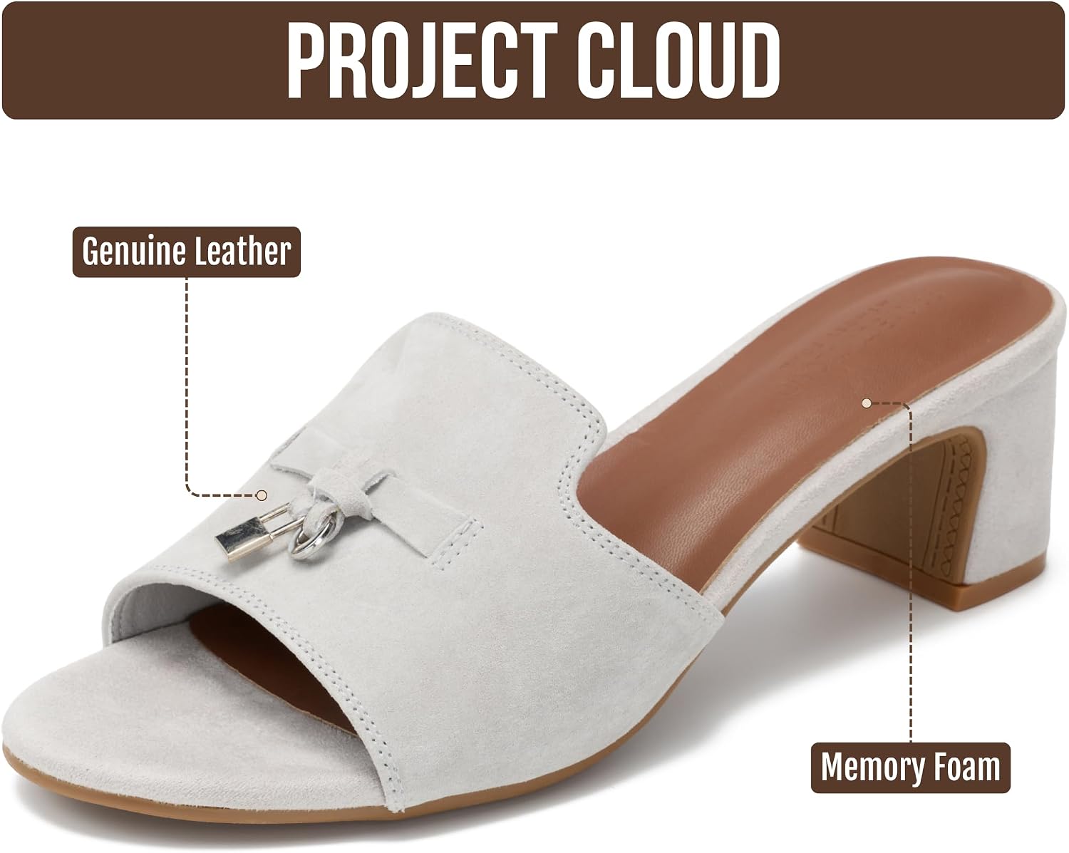 Project Cloud 100% Genuine Leather Sandals Women Footwear - Memory Foam Insole & Non-Slip Women Sandals Dressy - Lightweight Womens Heels Sandals - Slides for Women 2026 (Monaco)