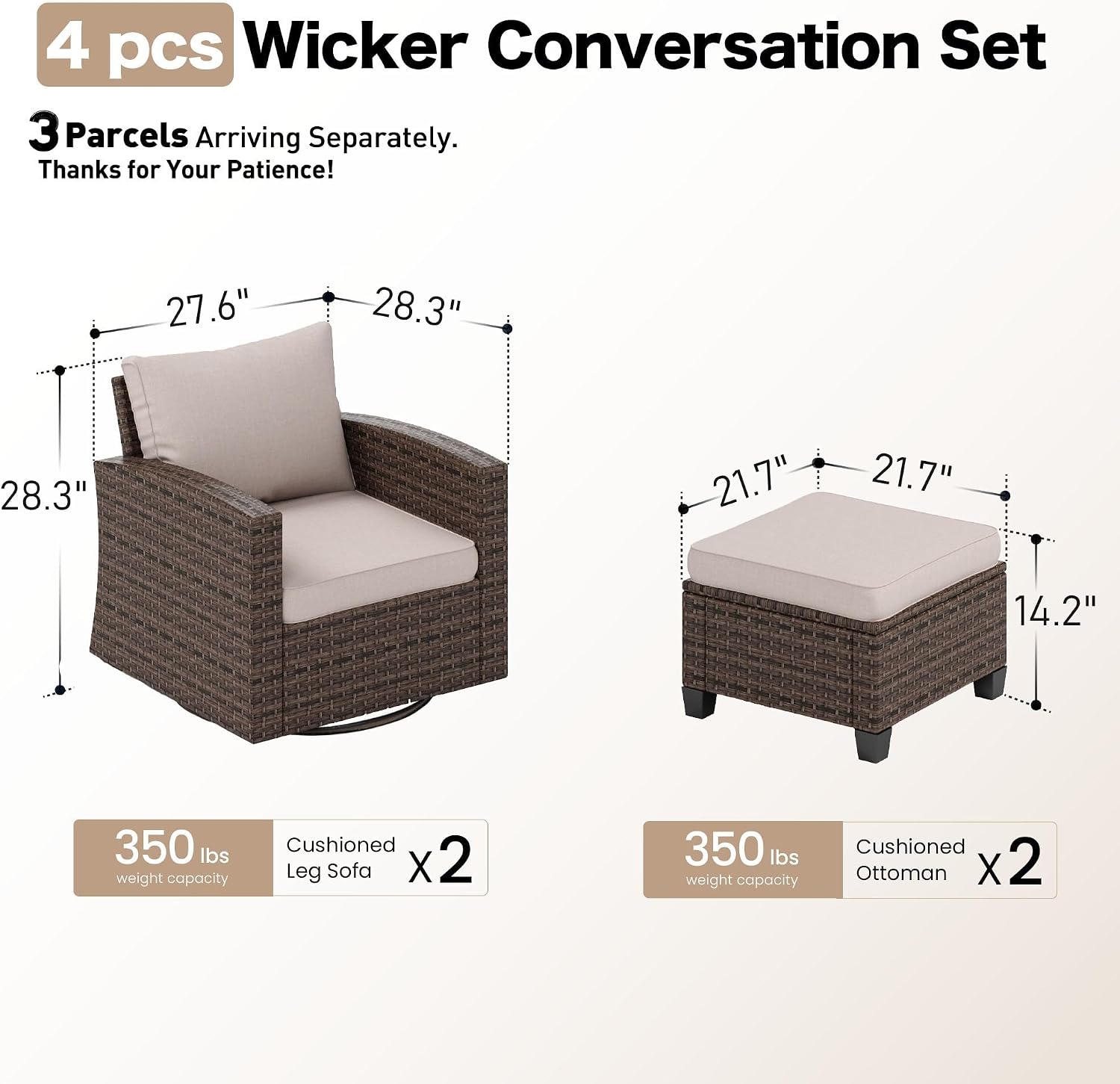 SUNSHINE VALLEY 4-Piece Patio Furniture Set with Swivel Chairs, Rattan Wicker Outdoor Furniture with 2 Swivel Glider Chairs and 2 Ottomans, Outdoor Lounge for Small Patio, All-Weather Design, Beige