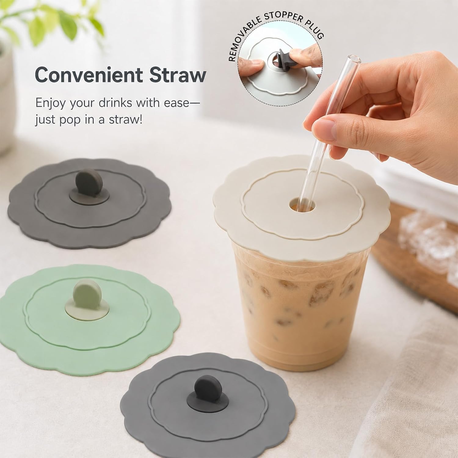 4 PCS Silicone Cup Covers with Straw Hole, Mug Lids for Drinks Anti-dust