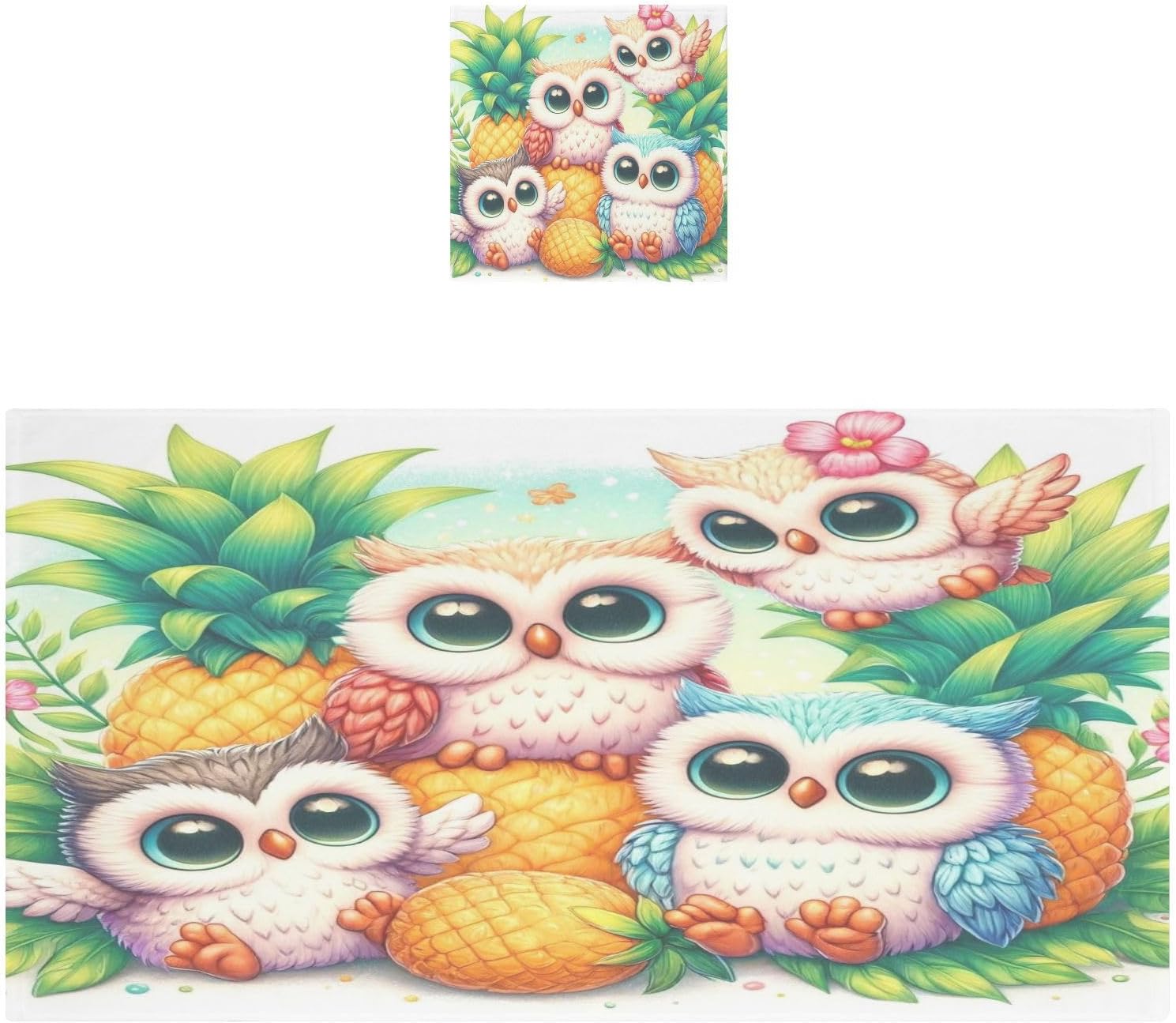 Hand Towels Premium Soft and Highly Absorbent Cute Owls and Pineapples 2 Pcs Towels for Bathroom Set 100% Cotton Decorative Face Towels